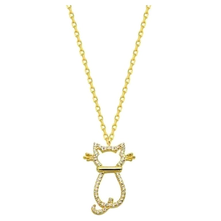 Diamond Cat Dainty Gold Charm Pendant Necklace in 14K Solid Yellow Gold