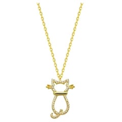 Diamond Cat Dainty Gold Charm Pendant Necklace in 14K Solid Yellow Gold
