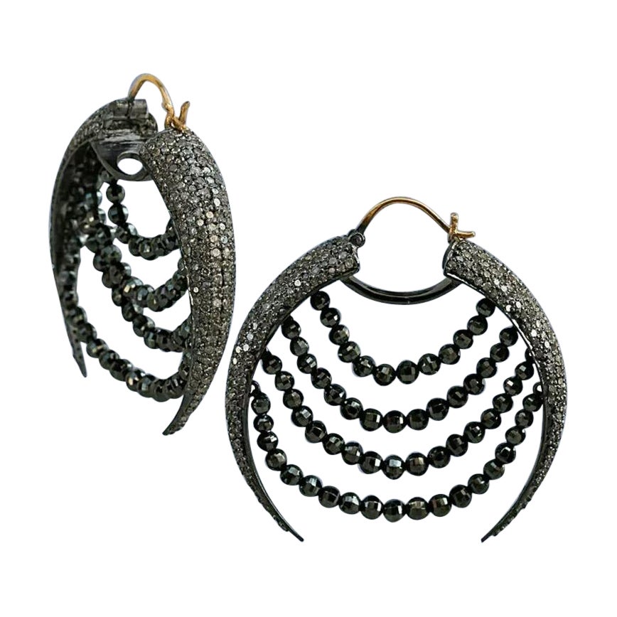 14k Gold Spinel Beads Pave Diamond Hoop 925 Silver Earring