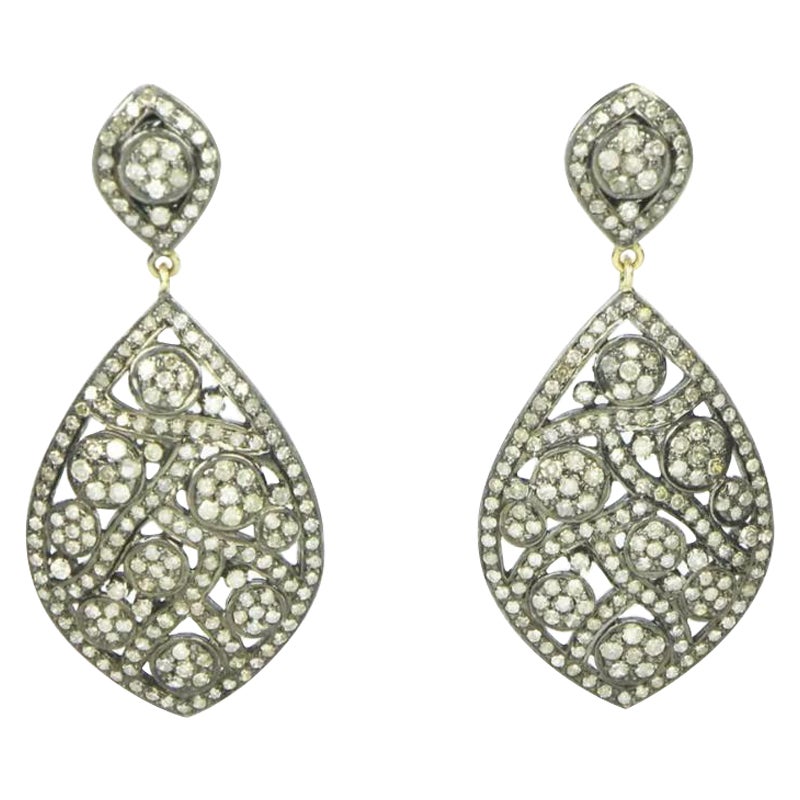 Pave Diamond Dangle Drop Earring 14k Gold & 925 Silver For Sale