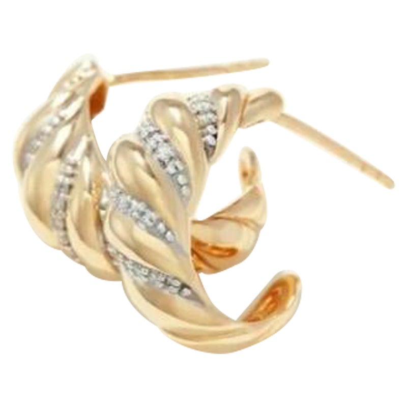 Diamond Croissant Hoop Earring 14k Solid Gold Twisted Dome Open Minimalist For Sale