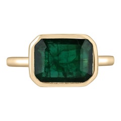 14K Gold 2.90cts Bezel Set Emerald Solitaire Ring, East-West Emerald Cut Design