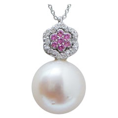 South-Sea Pearl, Rubies, Diamonds, 18 Karat White Gold Pendant Necklace.