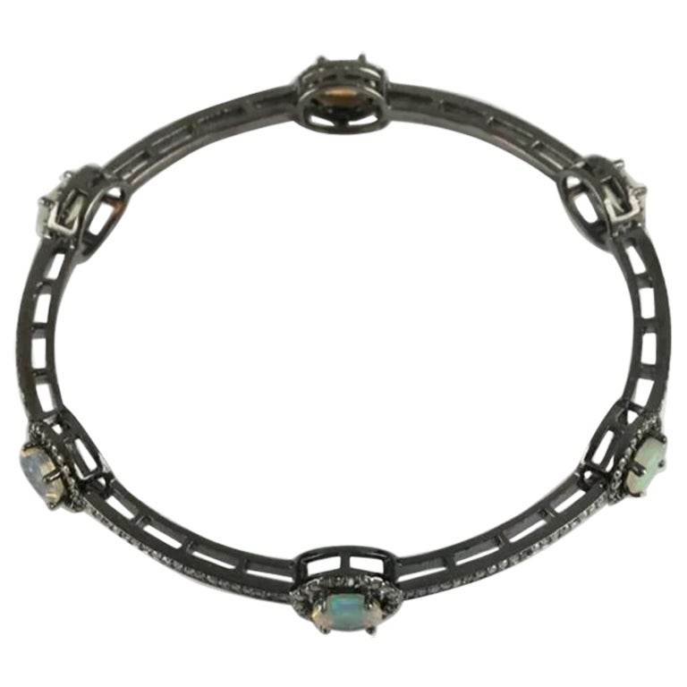 Natural Pave Diamond Bangle 925 Silver Ethiopian Opal Bracelet For Sale