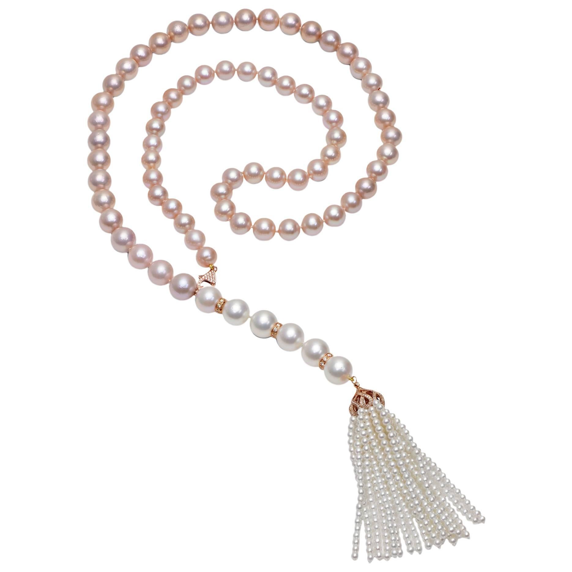 South Sea Pearl and Pink Freshwater Ombrè Tassel Necklace, Opera Length