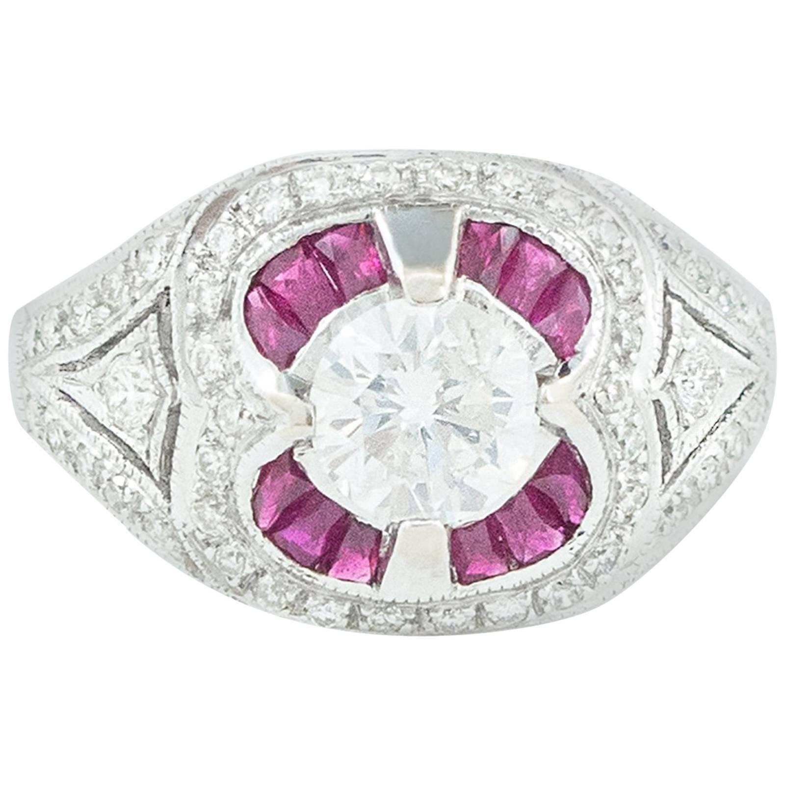 Diamond and Red Ruby 18 Karat White Gold Ring For Sale