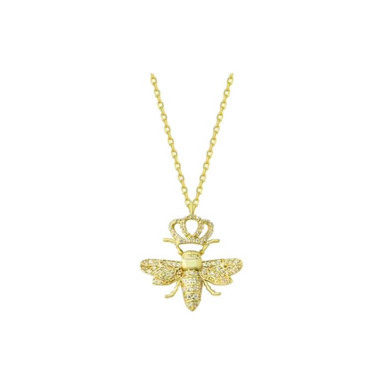 Diamond Queen Bee Dainty Honeycomb Necklace in 14K Solid Yellow Gold
