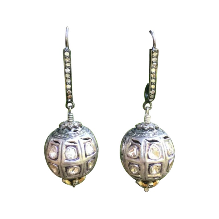 Ball Earring Pave Diamond Rose Cut 925 Silver