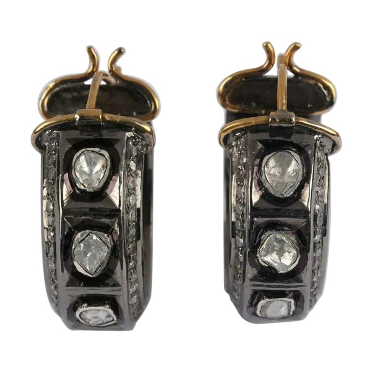 925 Sterling Silver Rose Cut Diamond Hoop Earring Handmade Victorian Style For Sale