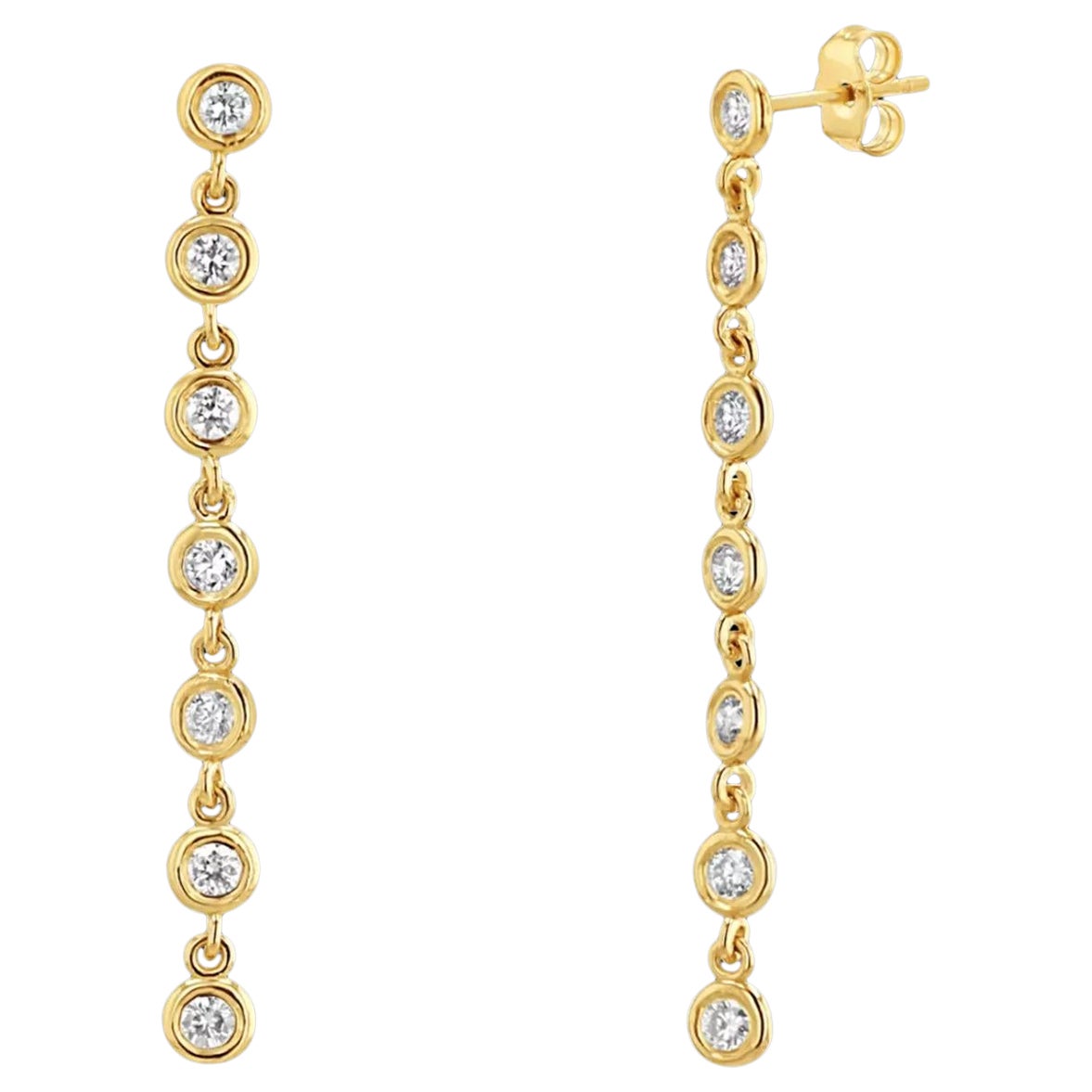 Diamond Bezel Chain 14K Solid Yellow Gold Drop Dangle Earrings For Sale