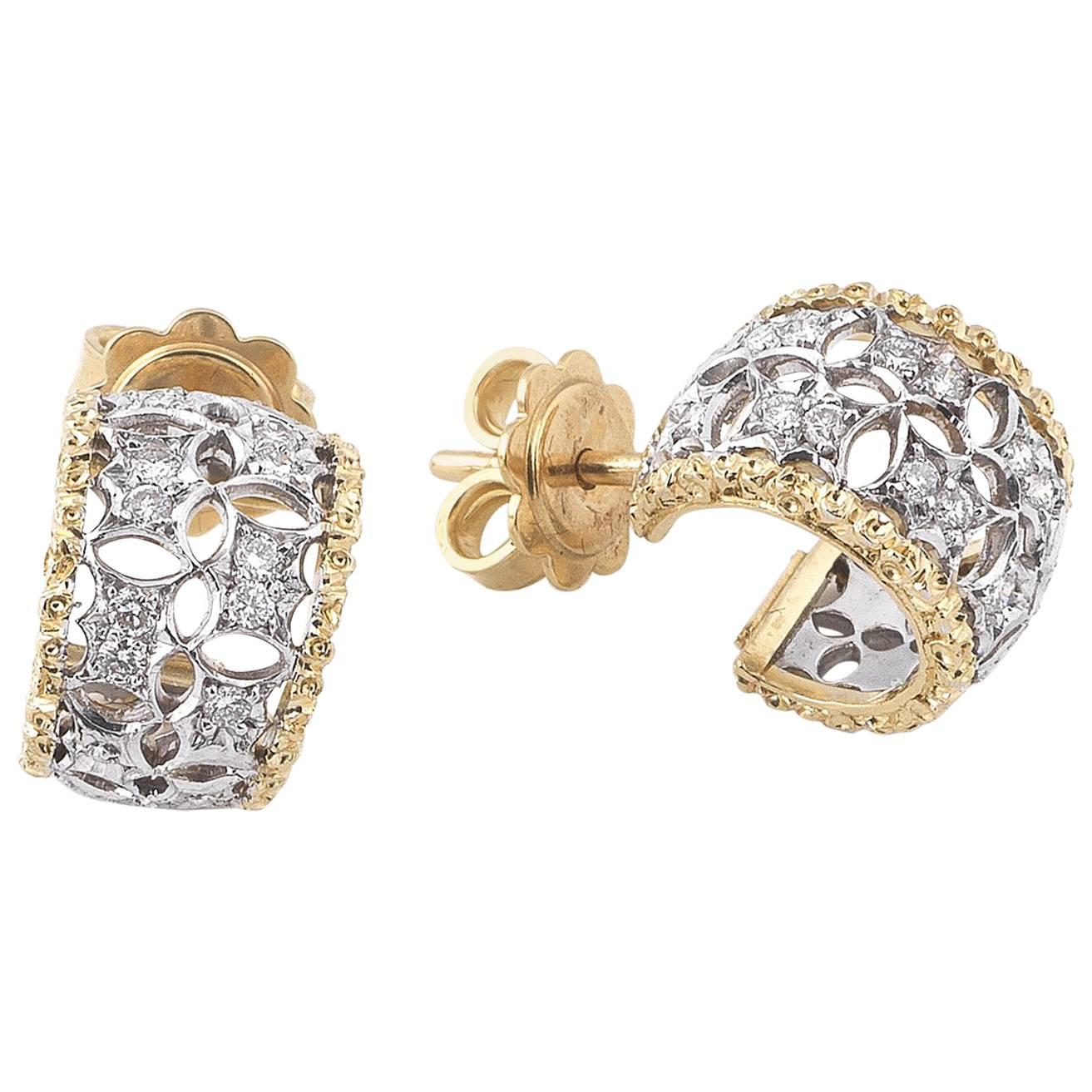 Buccellati Pair of Diamond Two Color Gold Hoop Earrings