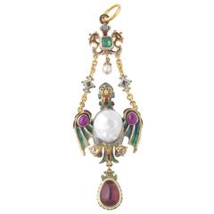Antique 1870s Enamel Pearl Spinel Rubellite Diamond Gold Dragoon Pendant 11