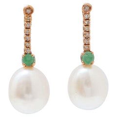 White Pearls, Emeralds, Diamonds, 14 Karat Rose Gold Tennis Earrings