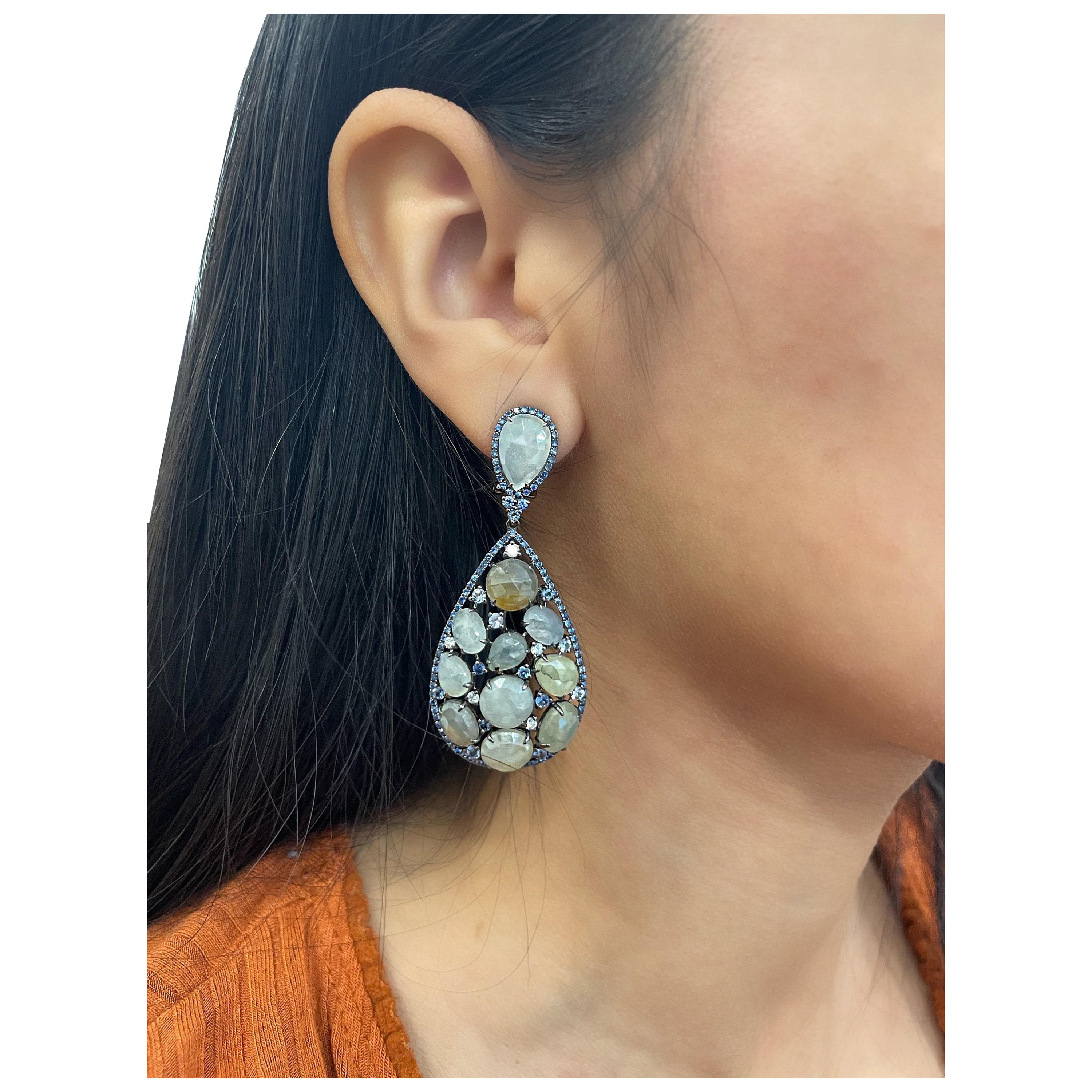 34.52 ct Natural Sapphire & Diamond Dangle Earrings