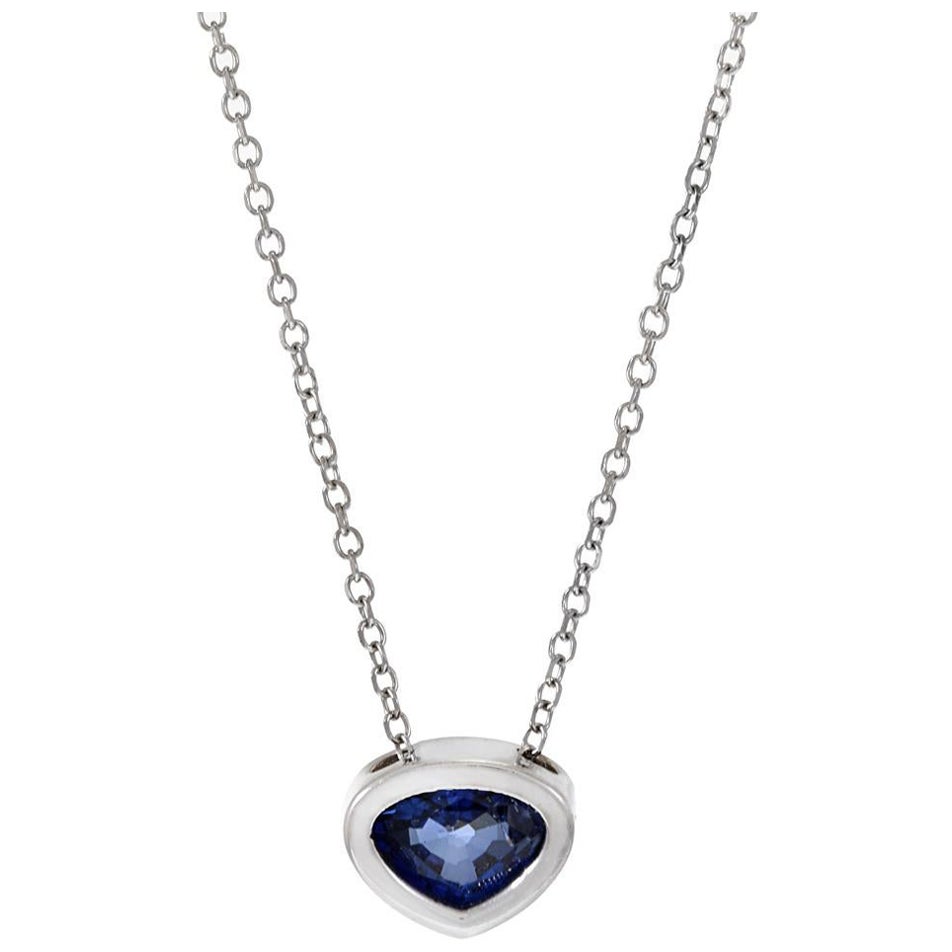 14KT White Gold Bezel Set Blue Sapphire Pendant Necklace