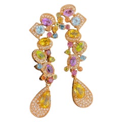 Bochic Cascading “Capri” Multi Natural Gem Earrings Set in 22k Gold & Silver