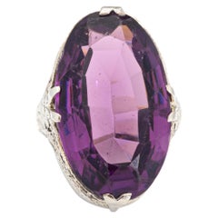 Vintage Art Deco Amethyst Ring 10k White Gold Large Cocktail Jewelry Sz 5