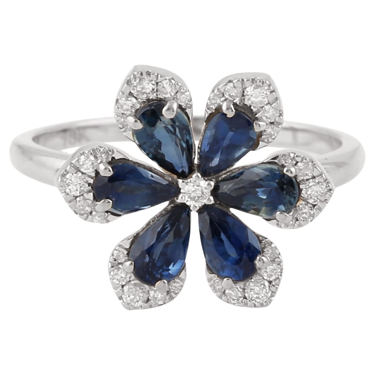Birnenförmiger blauer Saphir & Diamant Blumenring aus 18K Weißgold