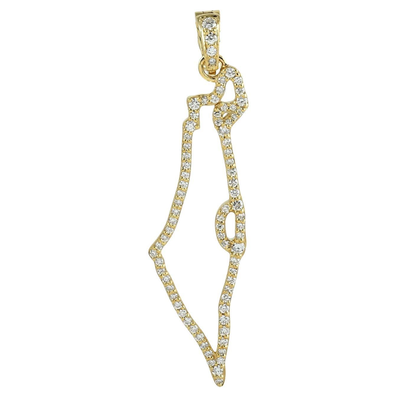 Pave-Diamant-Anhänger „Land Israel“ aus 14 Karat Gelbgold mit Kartenform mit Pavé-Diamant-Anhänger