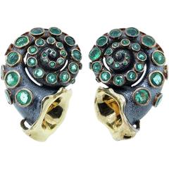 Marilyn Cooperman Cornucopia Emerald Silver Gold Patinated Earrings