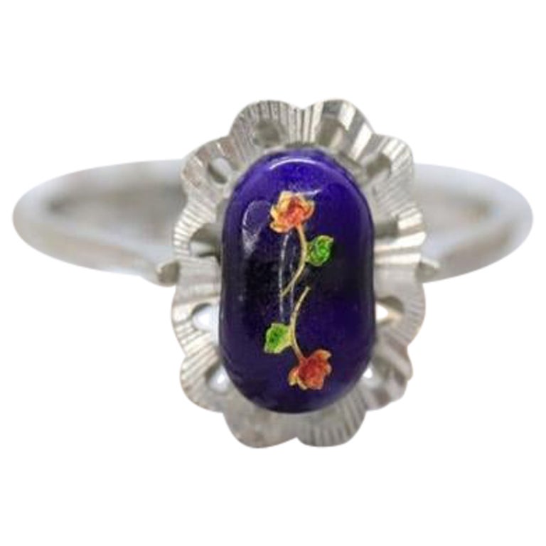 18k White Gold Enamel Ring. Tiny Roses painted enamel ring. For Sale