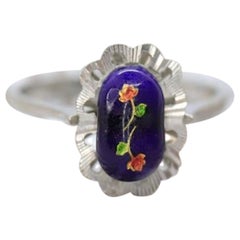 18k White Gold Enamel Ring. Tiny Roses painted enamel ring.