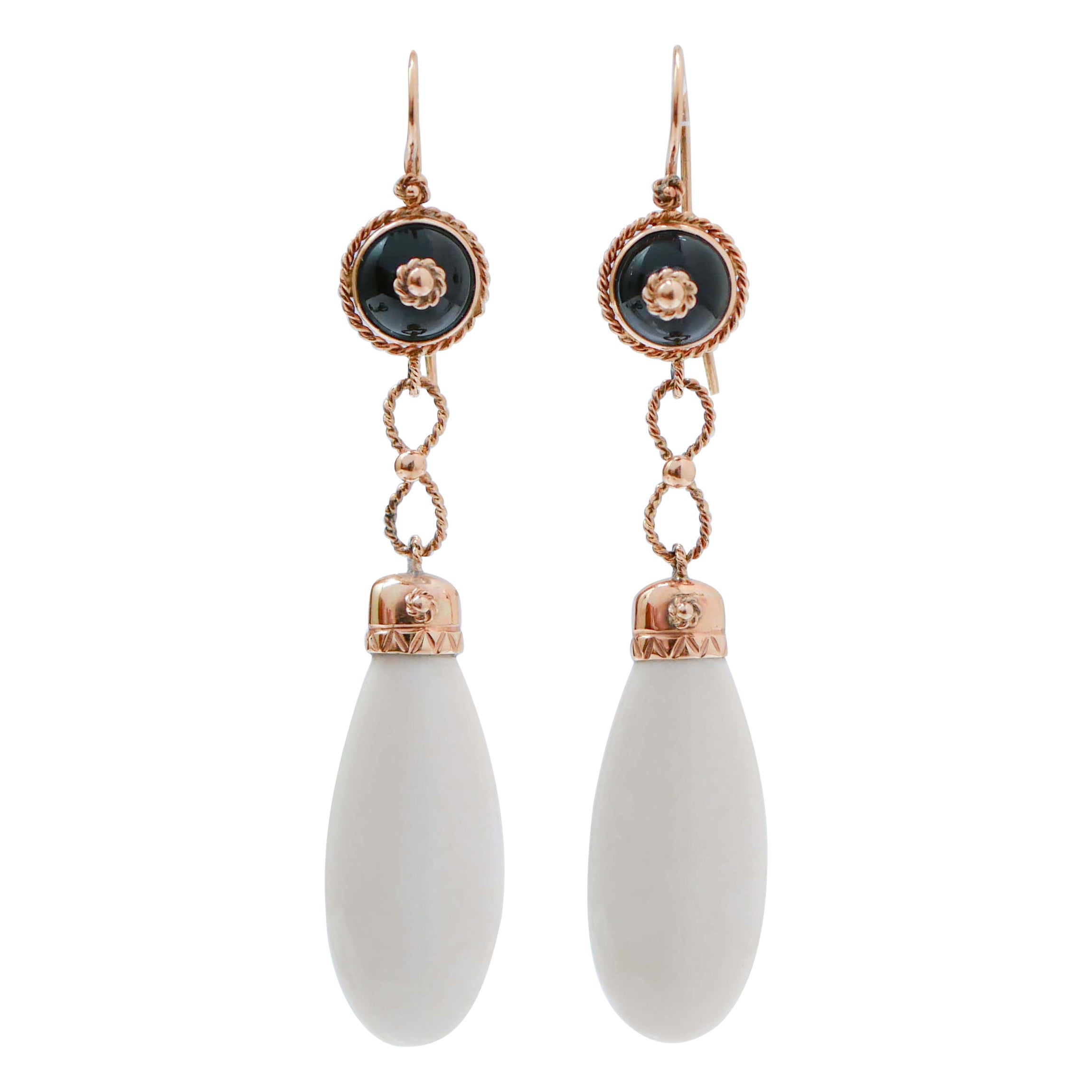 White Stones, Onyx, 14 Karat Rose Gold Dangle Earrings.
