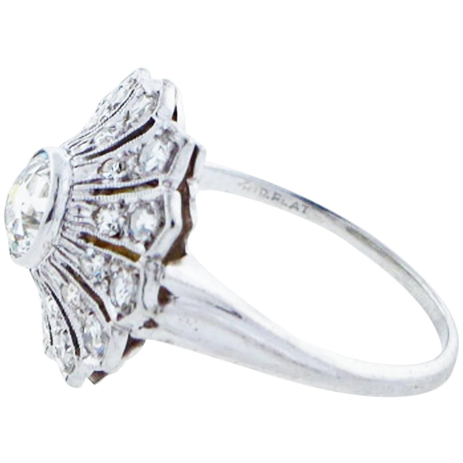 1930s Diamond Platinum Cluster Ring For Sale