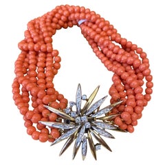 Vintage Coral and Diamond Multistrand Bracelet in 14k Yellow Gold