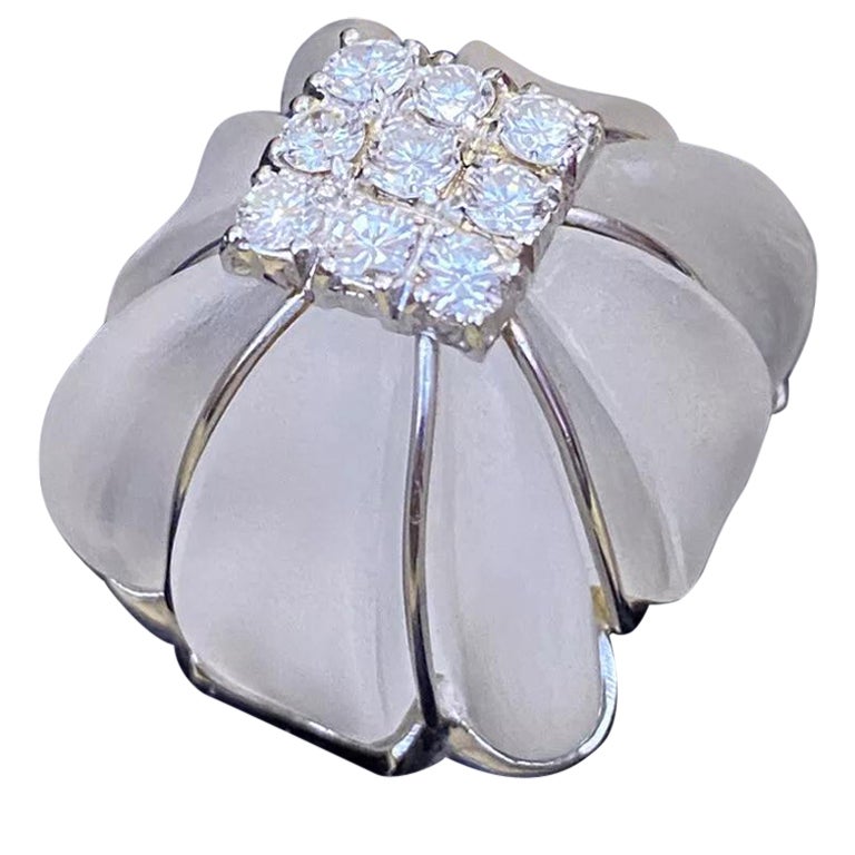 Large Carved Rock Crystal and Diamond Cocktail Ring in 18k White Gold