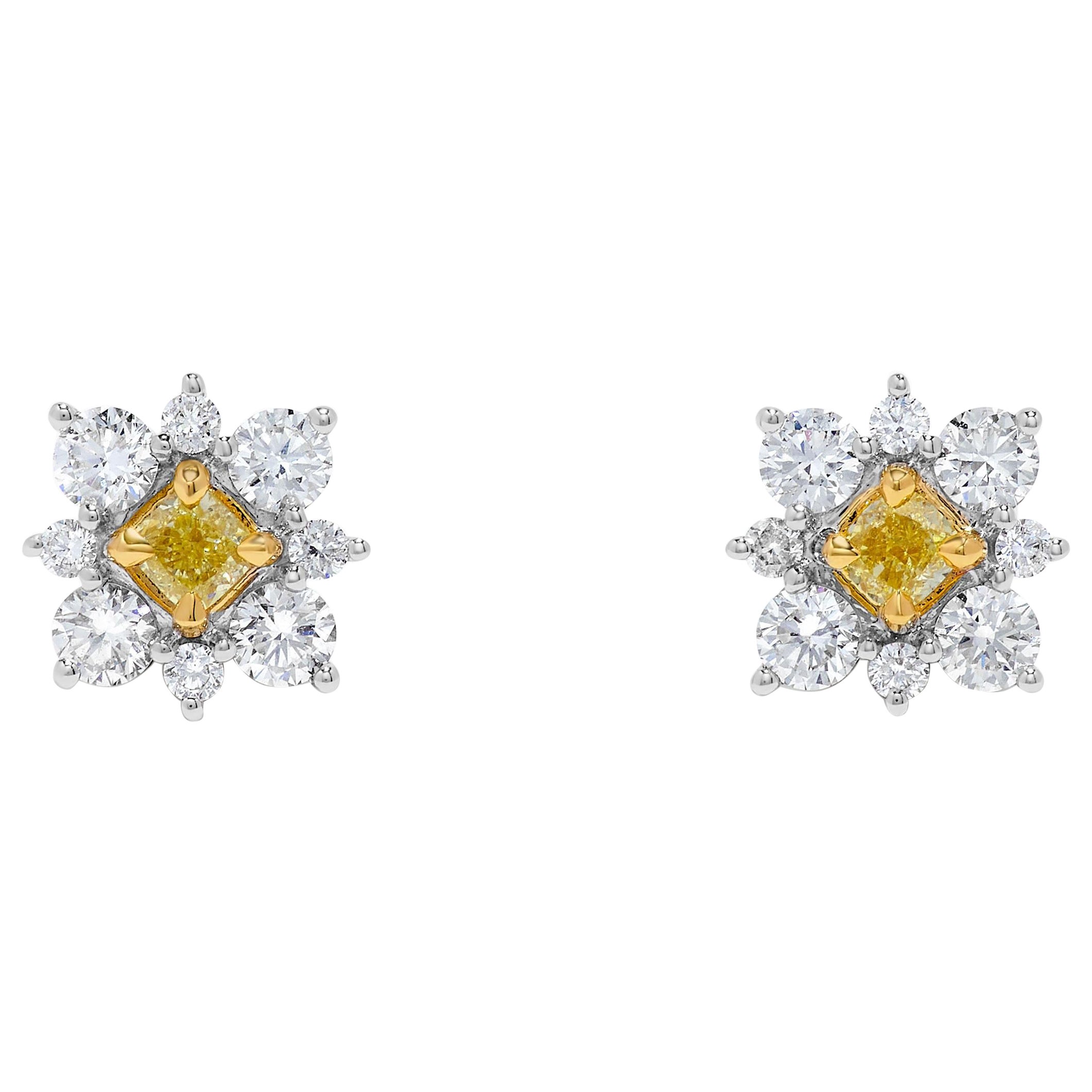 Natural Yellow Cushion Diamond 1.16 Carat TW Gold Stud Earrings