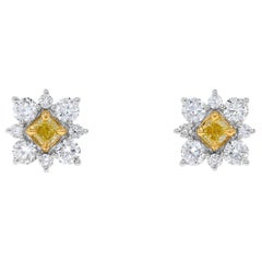 Natural Yellow Cushion Diamond 1.16 Carat TW Gold Stud Earrings