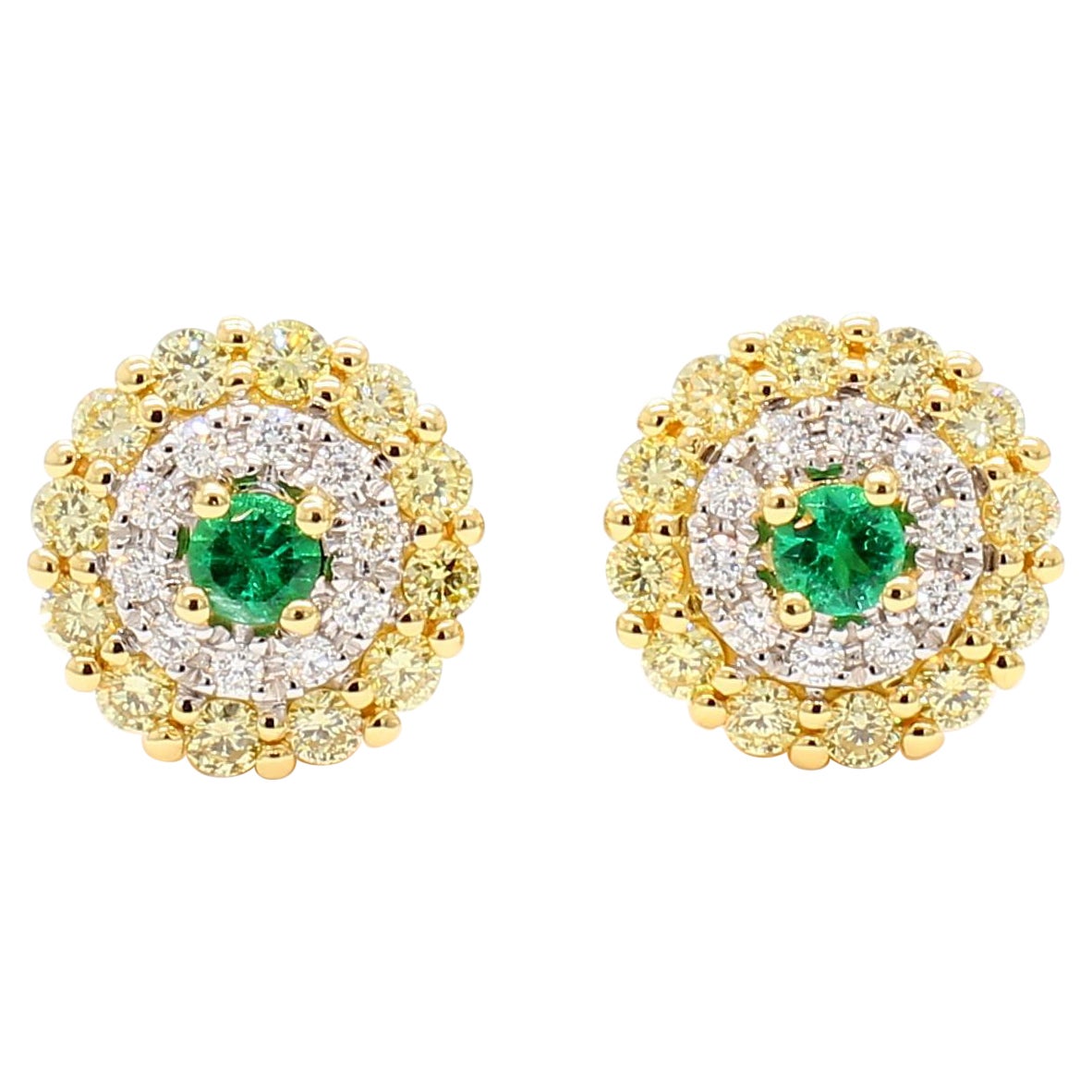 Natural Round Emerald and Diamond 1.00 Carat TW Gold Stud Earrings