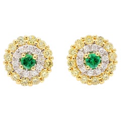 Natural Round Emerald and Diamond 1.00 Carat TW Gold Stud Earrings