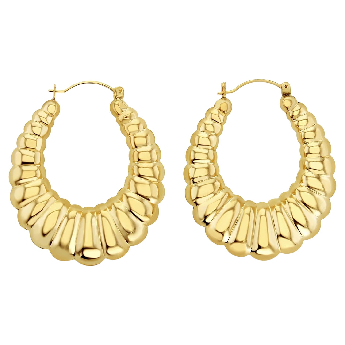44MM Vintage Polished Puffy Shrimp Hoops 14k Yellow Gold For Sale