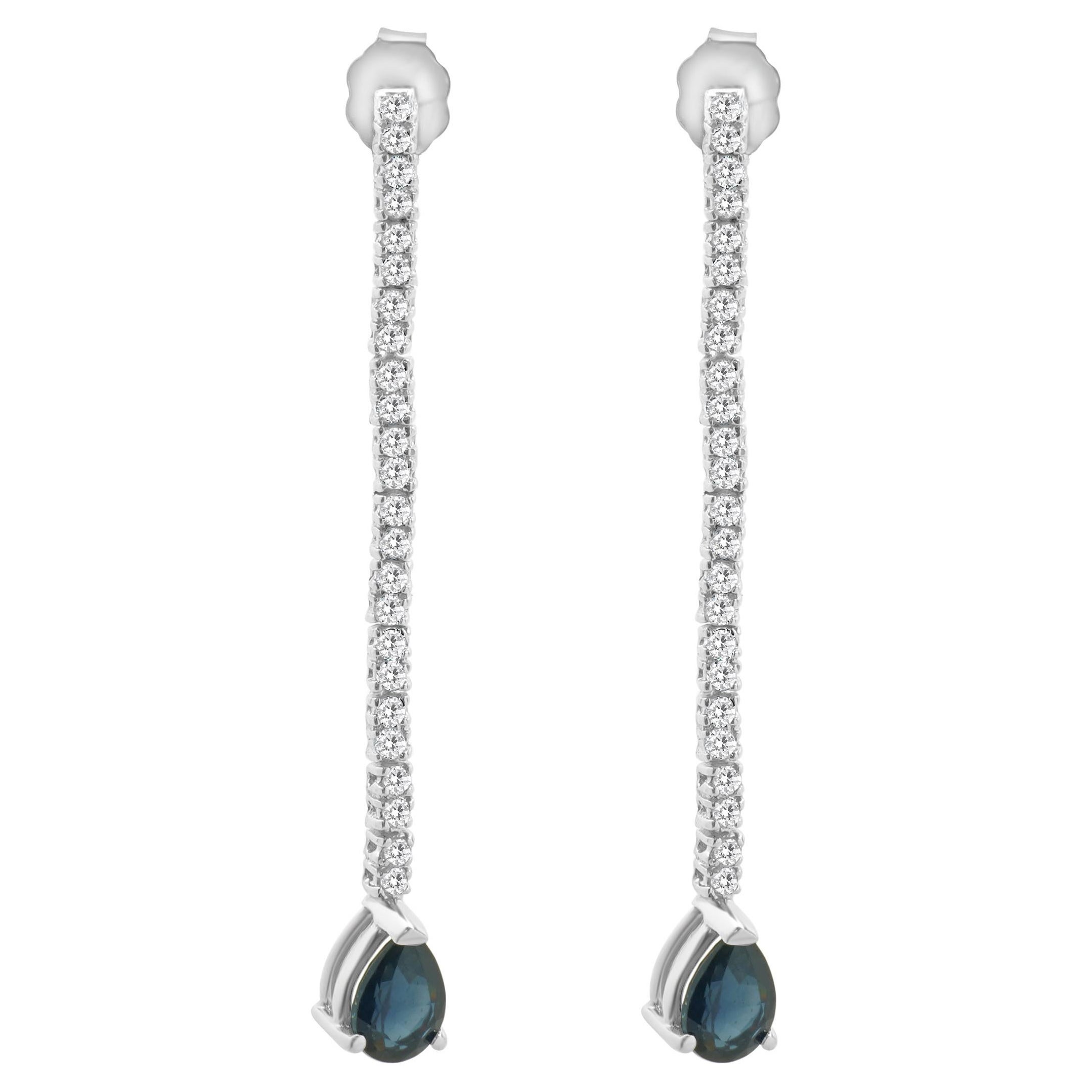 14 Karat White Gold Pear Cut Sapphire and Diamond Drop Earrings
