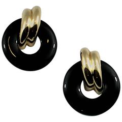 Gold Door Knocker Earrings with Onyx Discs