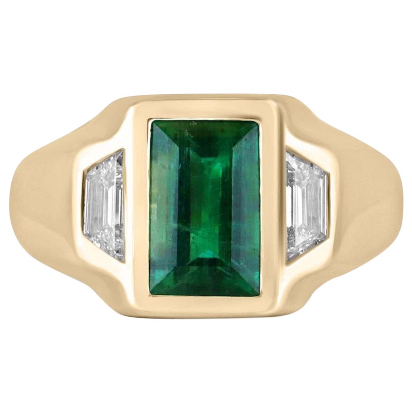 18K Gold 3.30tcw Dark Rich Green Emerald & Cadillac Diamond Three Stone Ring