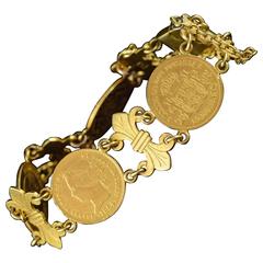 Antique 1860s Spanish Fleur De Lis Link Gold Coin Bracelet