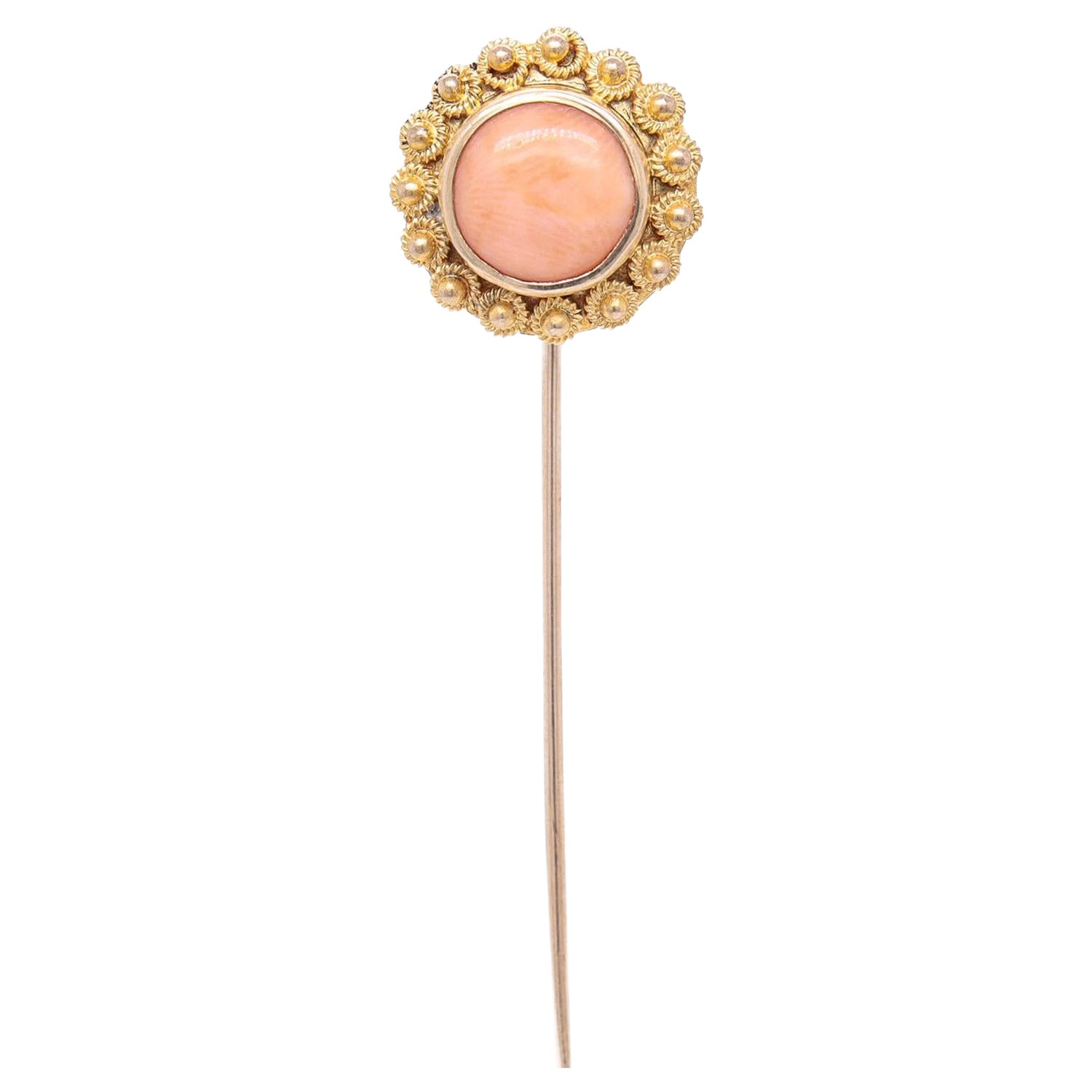 Vintage Etruscan Revival Style 14k Gold & Pink Coral Cabochon Stickpin
