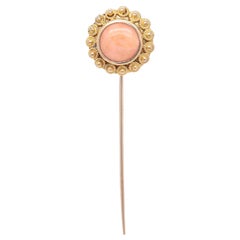 Vintage Etruscan Revival Style 14k Gold & Pink Coral Cabochon Stickpin