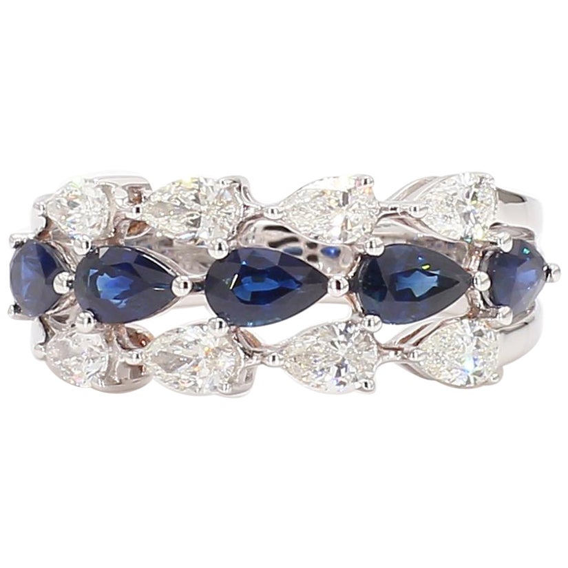 Natural Blue Pear Sapphire and White Diamond 2.38 Carat TW Gold Cocktail Band