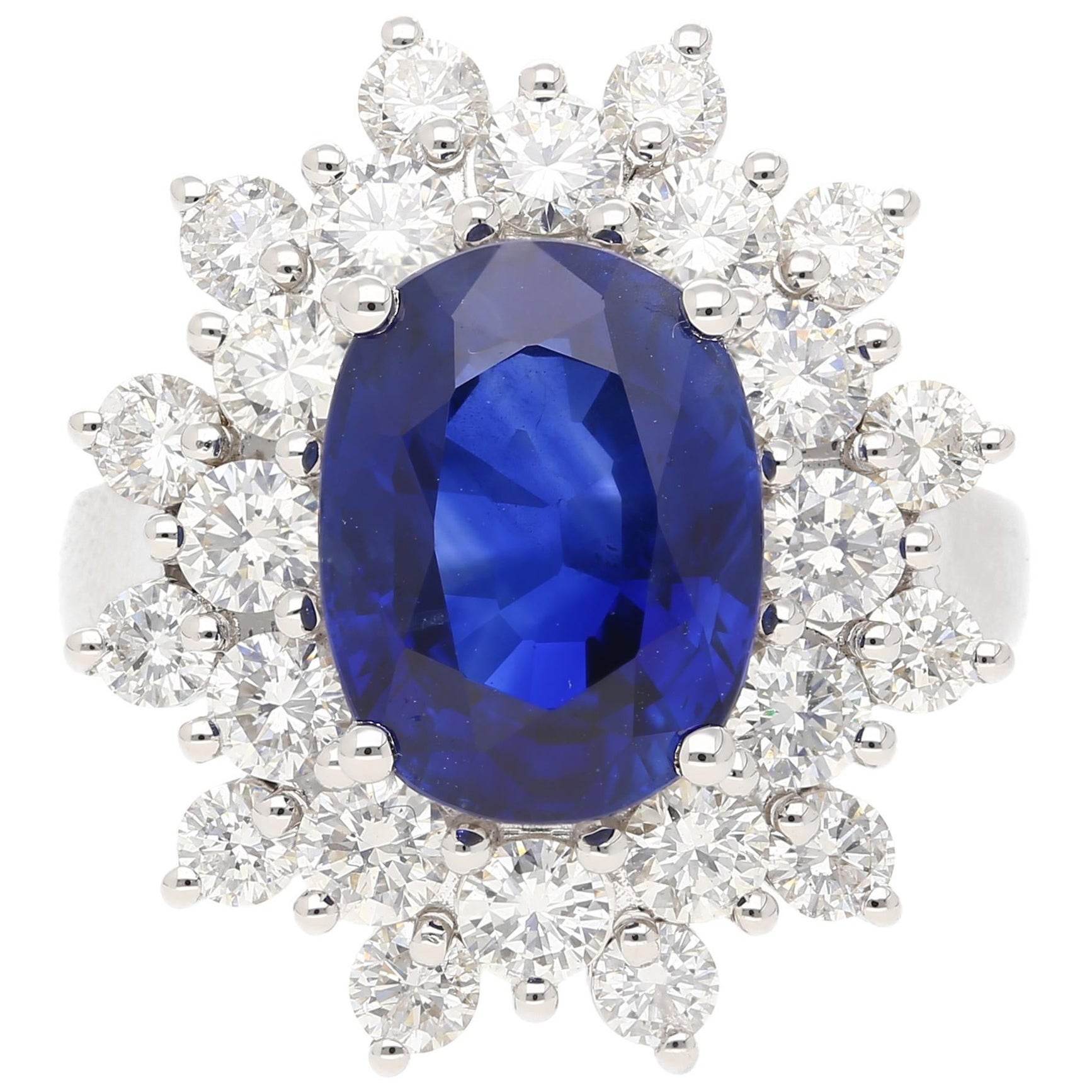 Anillo con halo de diamantes y zafiro azul real ovalado certificado GRS de 5,79 quilates