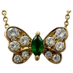 Rare Vintage Tiffany & Co Emerald & Diamond Butterfly 18k Yellow Gold Necklace