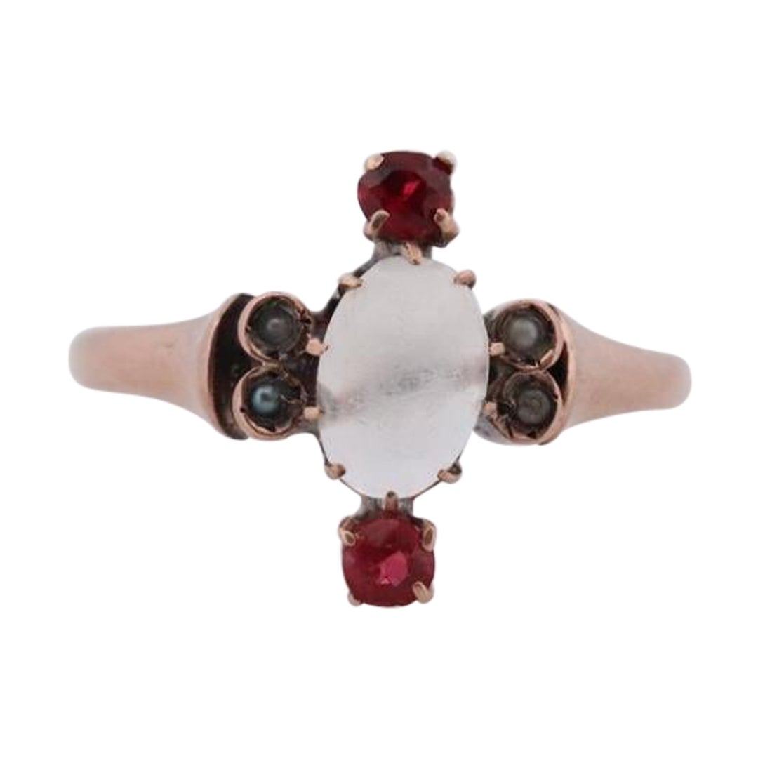 10k Victorian MOONSTONE cabochon TRIO Garnet and pearl seed Claw set ring.