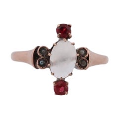 10k Victorian MOONSTONE cabochon TRIO Garnet and pearl seed Claw set ring.