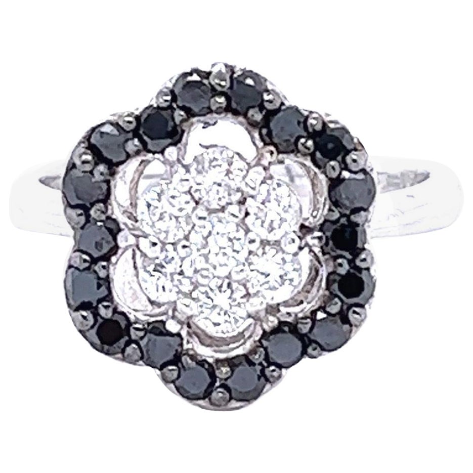 Black White Diamond Flower White Gold Ring