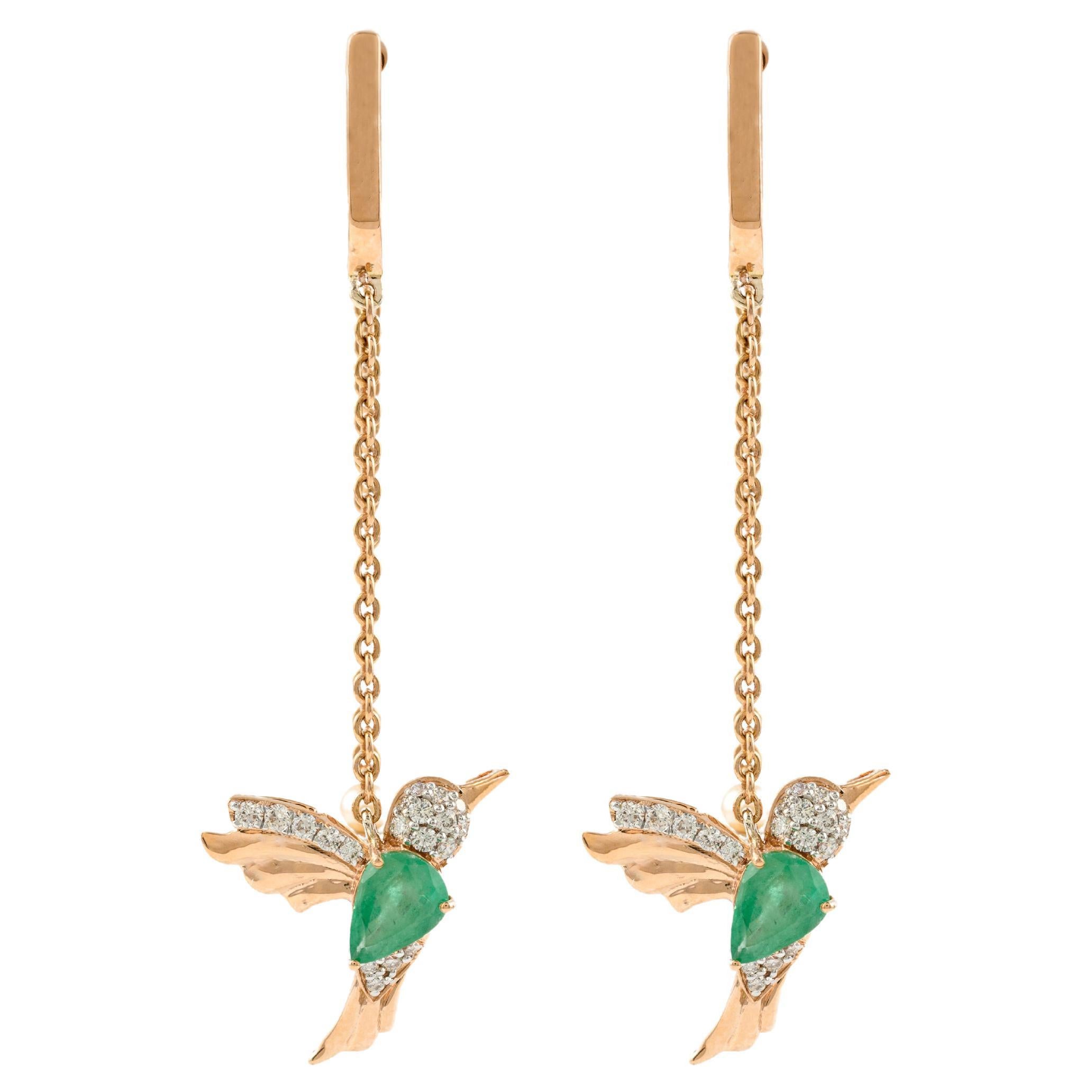18k Rose Gold Flying Hummingbird Emerald and Ruby Chain Earrings for Women For Sale
