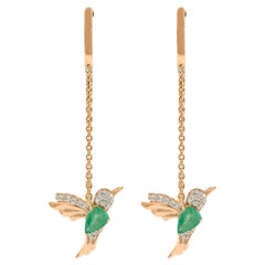 Pendientes de cadena de esmeralda y rubí Colibrí Volador de oro rosa de 18k para mujer