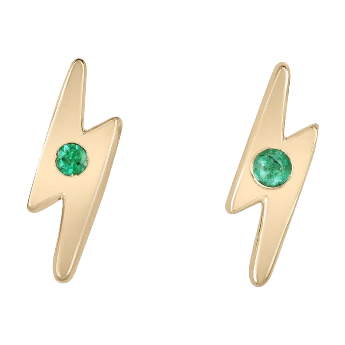 14K Gold Natural Emerald Lightning Bolt Stud Earrings Bezel Set Petite Modern